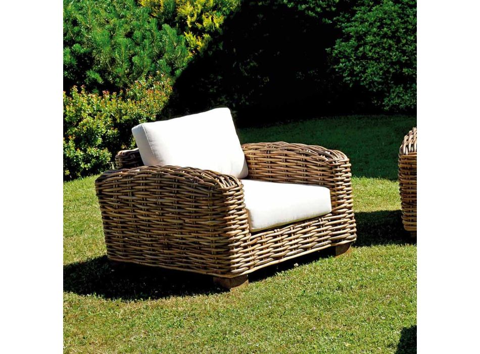 Rattan Garden Lounge with Wooden Coffee Table and Cushions - Hugues Viadurini