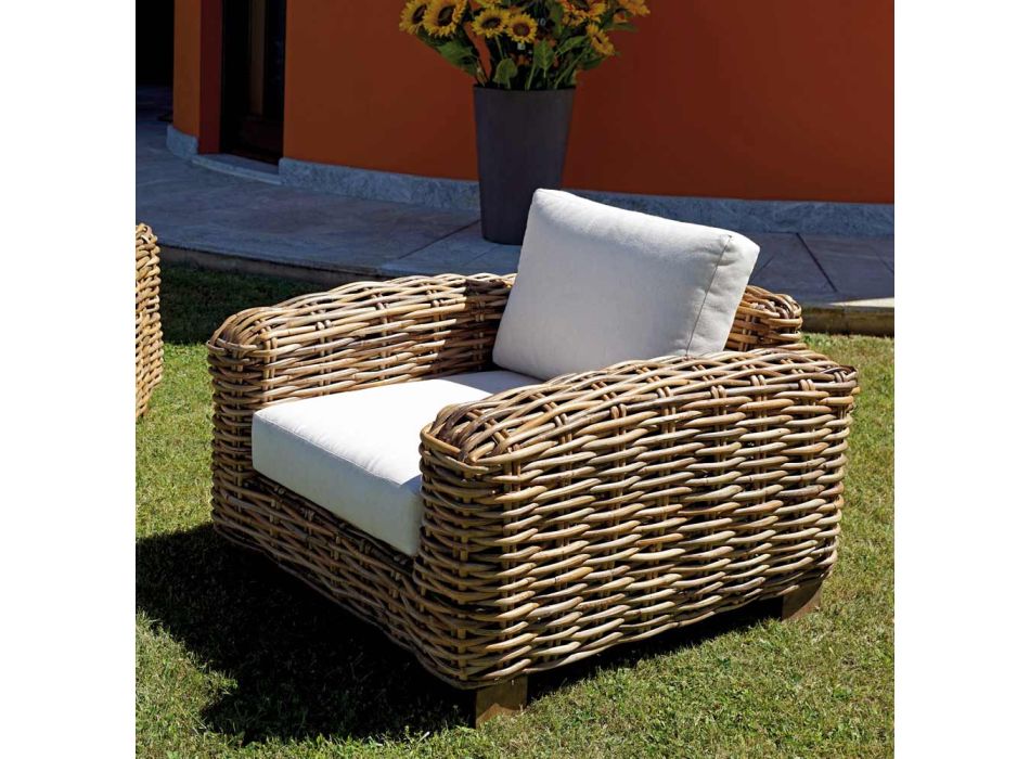 Rattan Garden Lounge with Wooden Coffee Table and Cushions - Hugues Viadurini