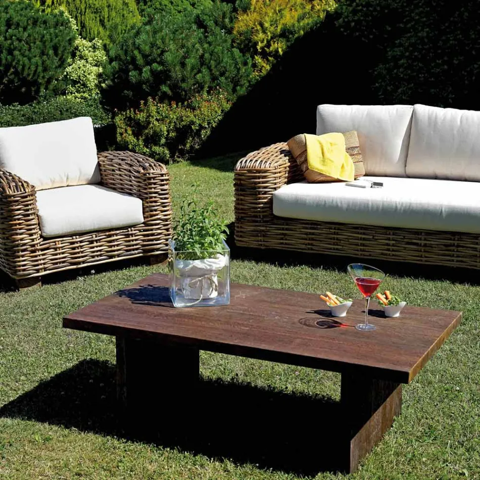 Rattan Garden Lounge with Wooden Coffee Table and Cushions - Hugues Viadurini