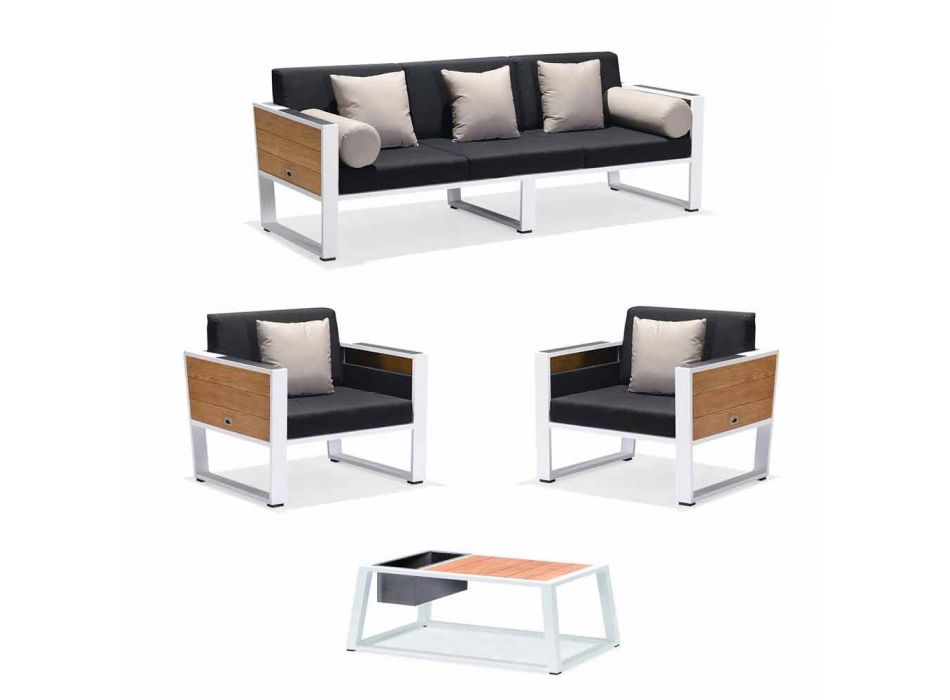 Outdoor Lounge Aluminum and Teak 3 Seater Sofa, 2 Armchairs and Coffee Table - Hatice Viadurini