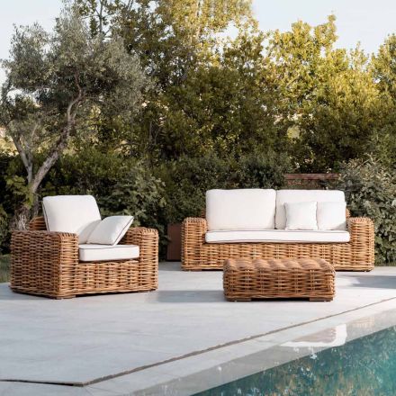Outdoor Living Room in Natural Rattan, Cushions Included, – Keira Viadurini