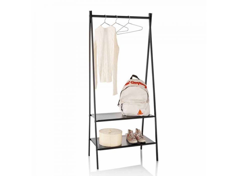Ladder Coat Hanger with Rod and 2 Shelves in Matt Black Painted Metal - Lupine Viadurini