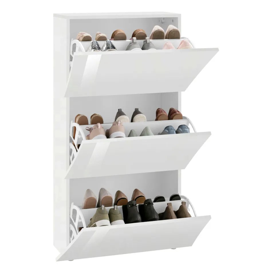 Shoe Cabinet with 3 Doors in Arched Glossy White Lacquered Wood - Sabine Viadurini