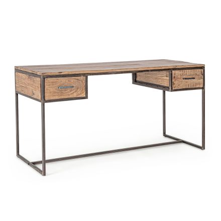 Homemotion Steel and Acacia Wood Desk with 2 Drawers - Benver Viadurini
