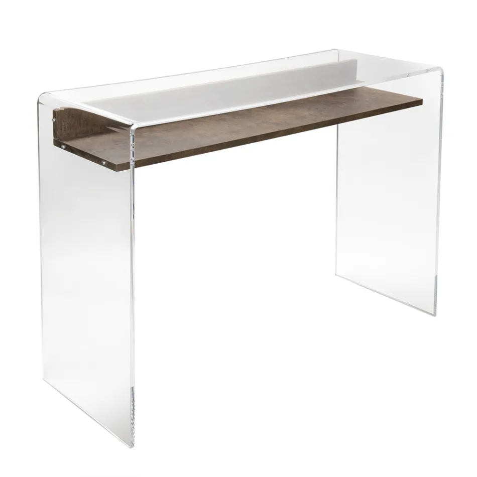 Transparent Plexiglass Desk with Design Wood Shelf - Carducci Viadurini
