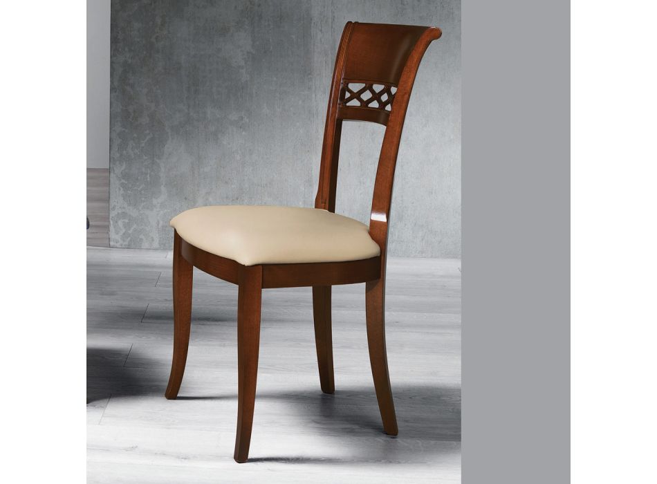 Classic Chair in Beech Wood with Decorated Back and Ecoleather - Milissa