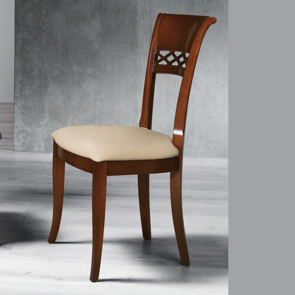 Classic Chair in Beech Wood with Decorated Back and Ecoleather - Milissa Viadurini