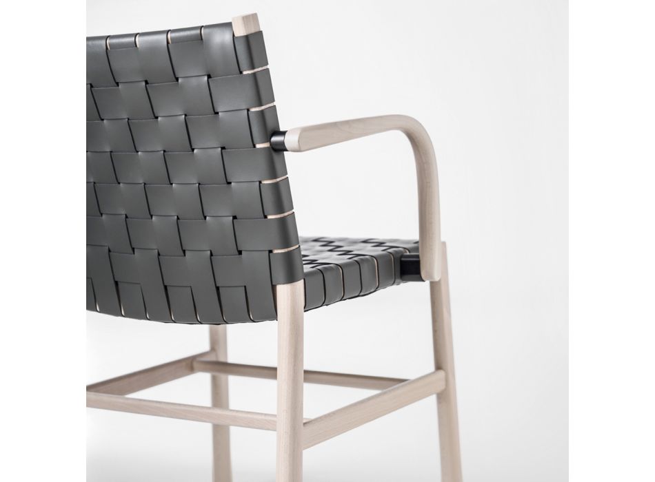 Chair with Armrests in Bleached Beech and Seat in Leather Made in Italy - Nora