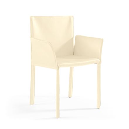 Chair with Armrests Upholstered in Ivory Leather Made in Italy - Shell Viadurini