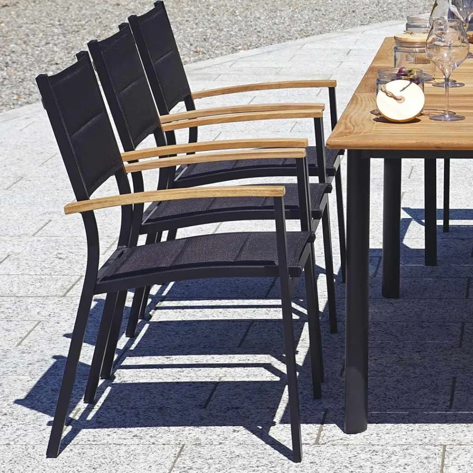 Stackable Garden Chair in Anthracite Gray Aluminum and Teak - Aidan Viadurini