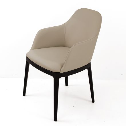 Dining Chair with Armrests in Ice Color Leather Made in Italy - Lyanne Viadurini