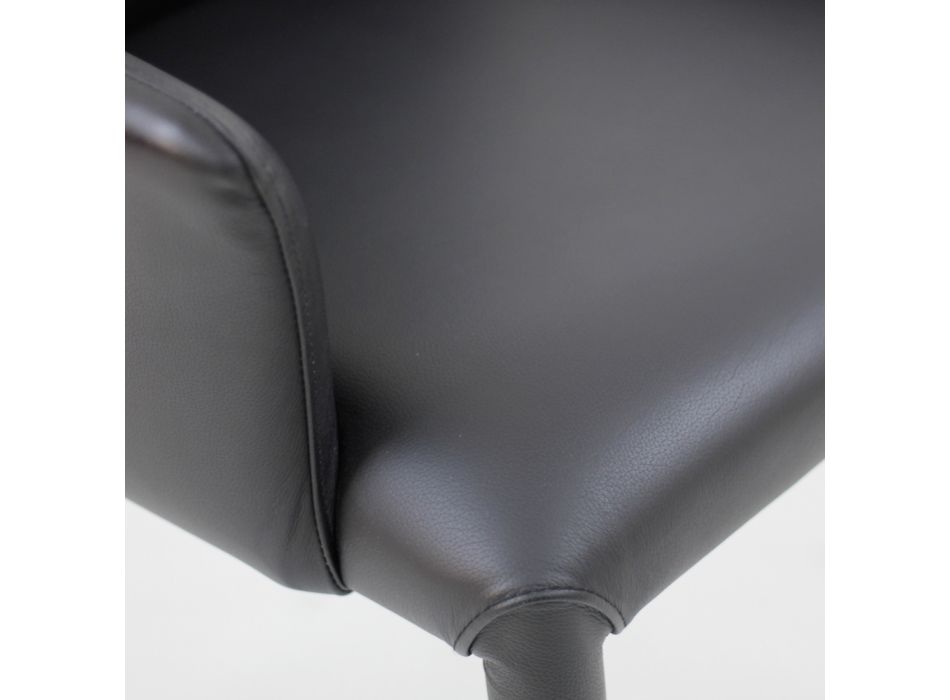 Dining Chair with Armrests Upholstered in Black Leather Made in Italy - Meyer Viadurini