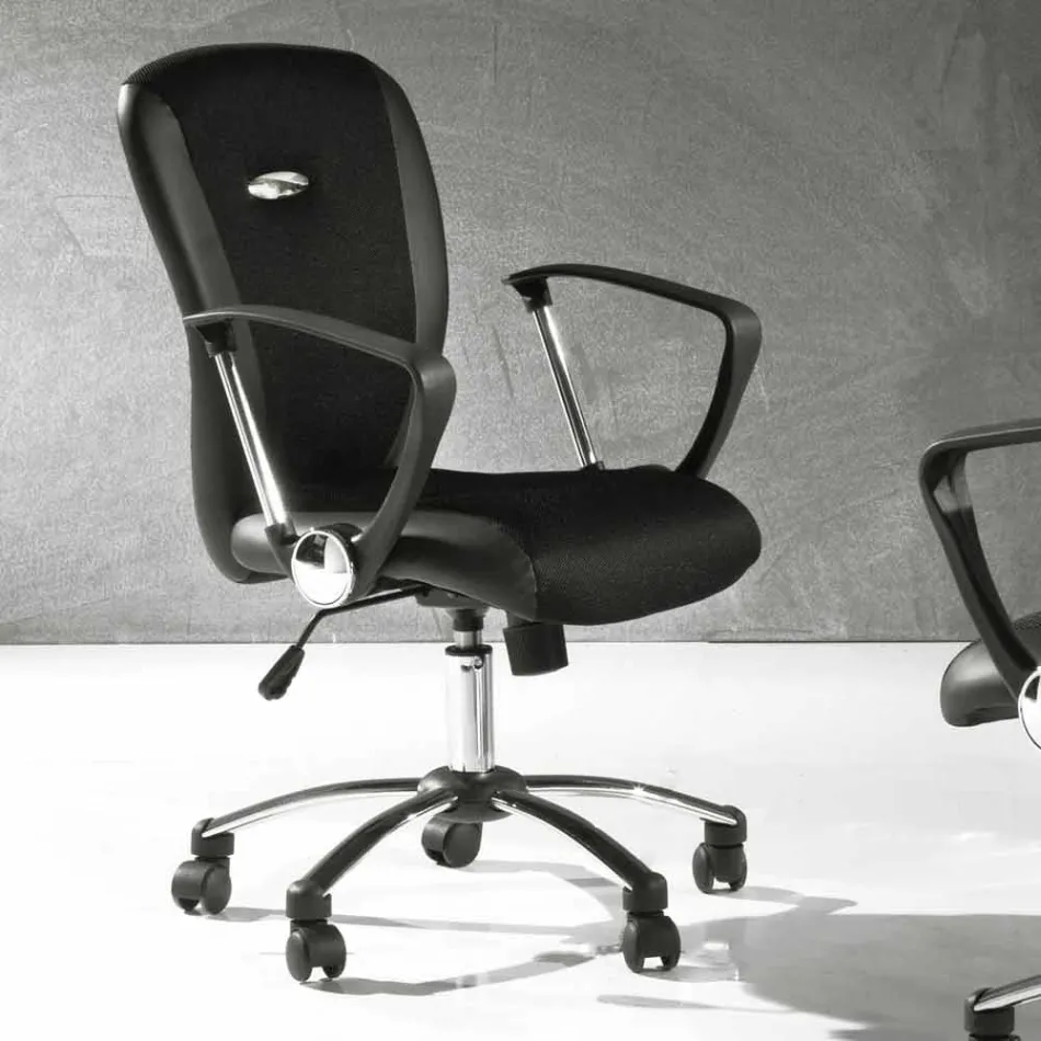 Office Chair with Swivel Wheels in Black Ecoleather and Metal - Amarilda Viadurini