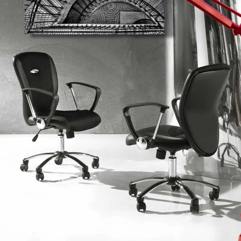Office Chair with Swivel Wheels in Black Ecoleather and Metal - Amarilda Viadurini