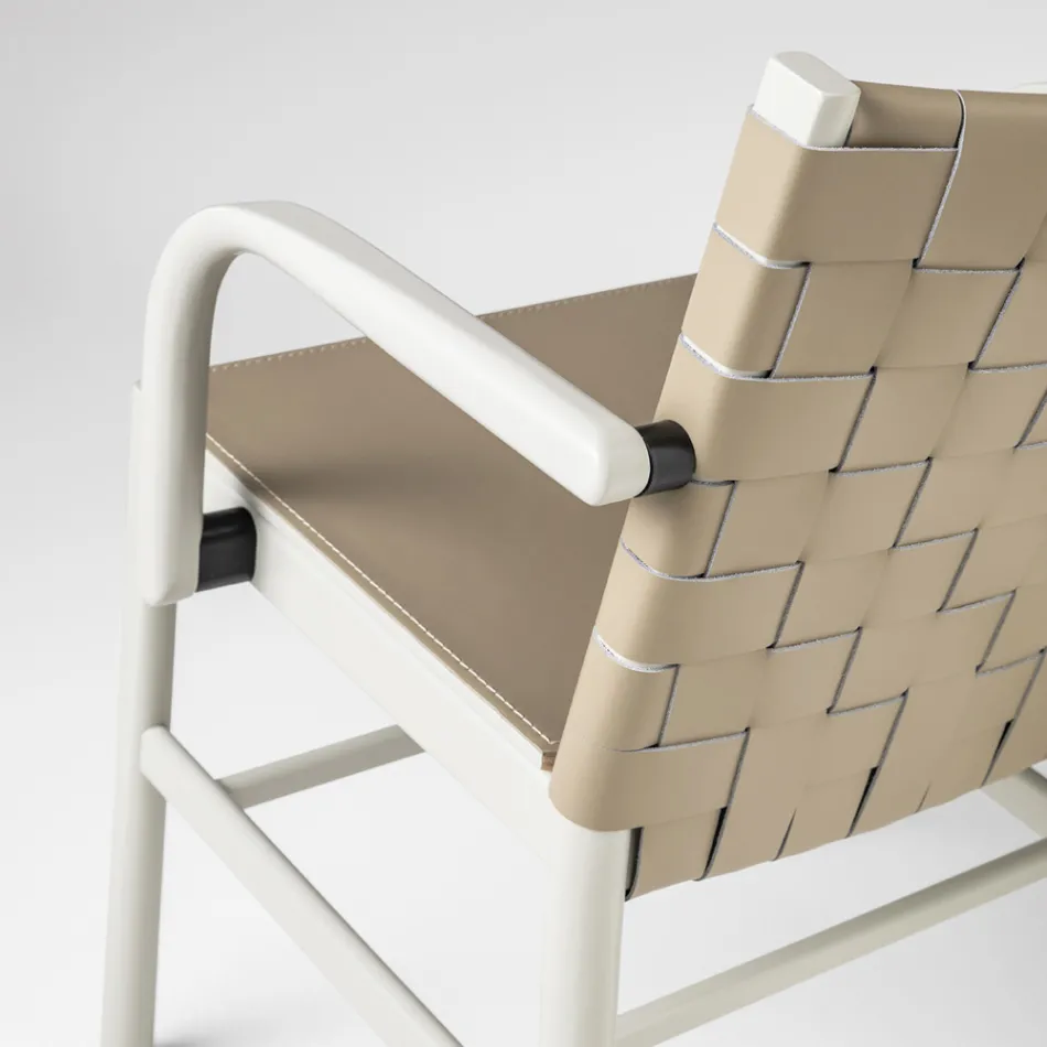 Luxury Chair in Beige Lacquered Beech and Woven Leather Made in Italy - Nora Viadurini