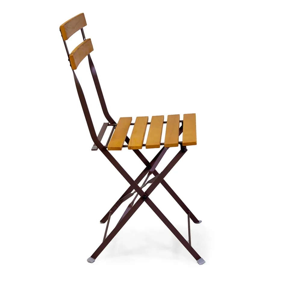 Folding Metal Chair with Acacia Wood Seat and Backrest - Estate Viadurini
