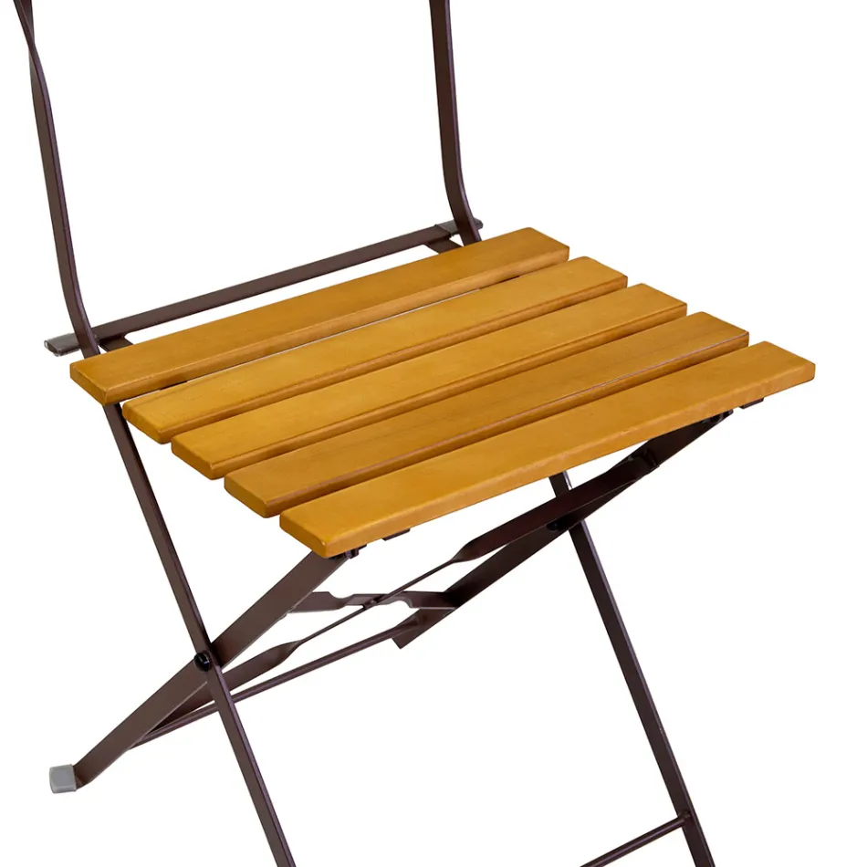 Folding Metal Chair with Acacia Wood Seat and Backrest - Estate Viadurini