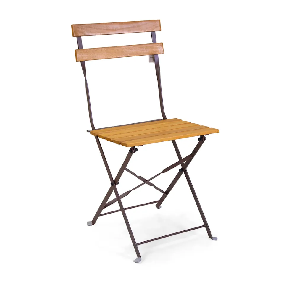 Folding Metal Chair with Acacia Wood Seat and Backrest - Estate Viadurini