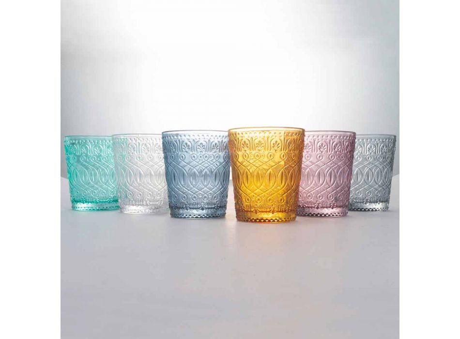 Colored and Decorated Glass Water Glasses Service, 12 Pieces - Pizzotto Viadurini