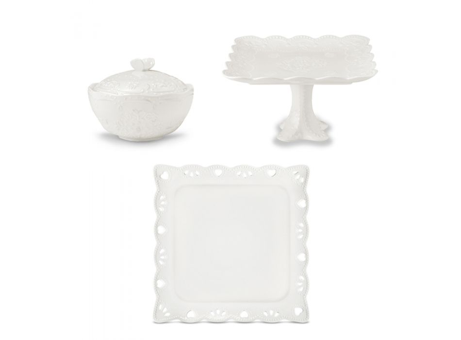 Buffet or Aperitif Service in Decorated White Porcelain 3 Pieces - Rafiki