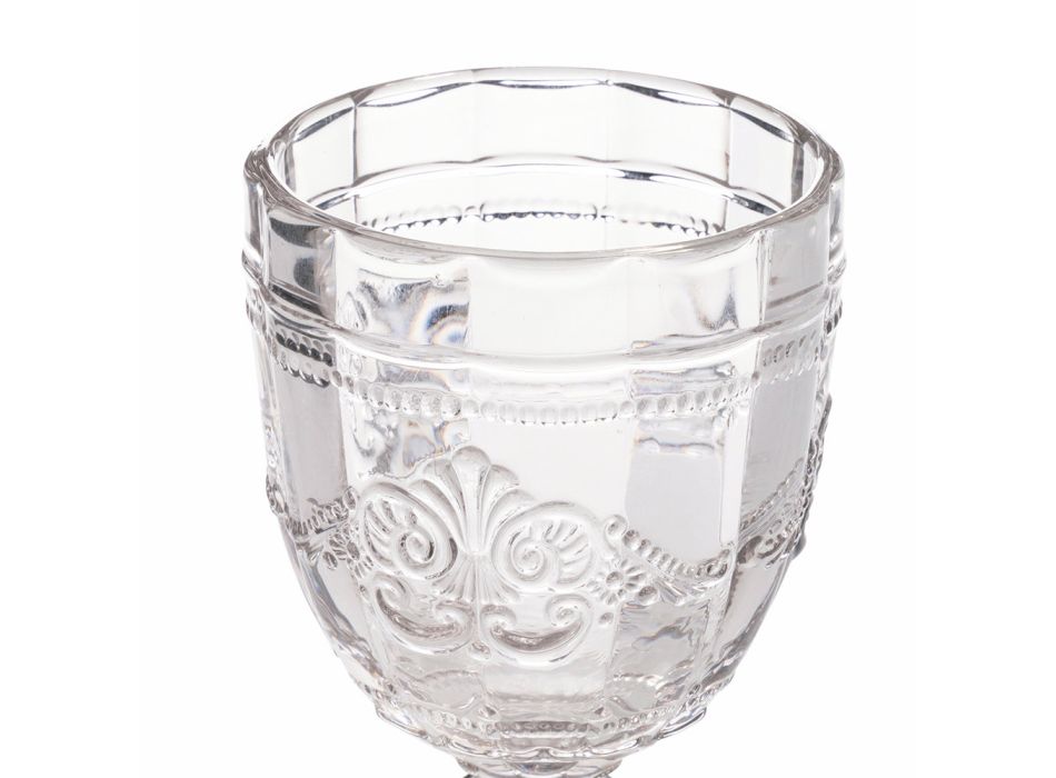 Wine Goblet Set in Transparent Glass with Arabescato Decor 12 Pcs - Screw Viadurini