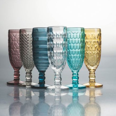 Flute Goblet Set in Colored Glass and Different Decorations 12 Pieces - Mix Viadurini