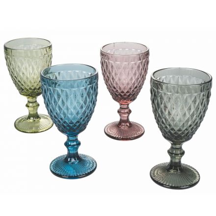 Goblet Set in Colored and Carved Glass with Decorations 12 Pieces - Brillo Viadurini