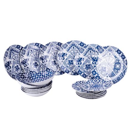 Service of 18 White and Blue Colored Porcelain Plates - Wieder Viadurini