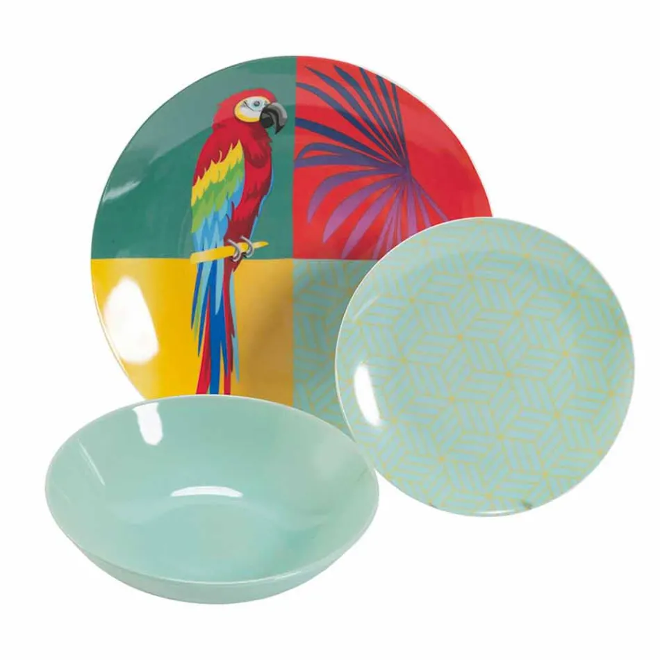 18 Piece Colored Design Porcelain and Gres Dinnerware Service - Tropycale Viadurini