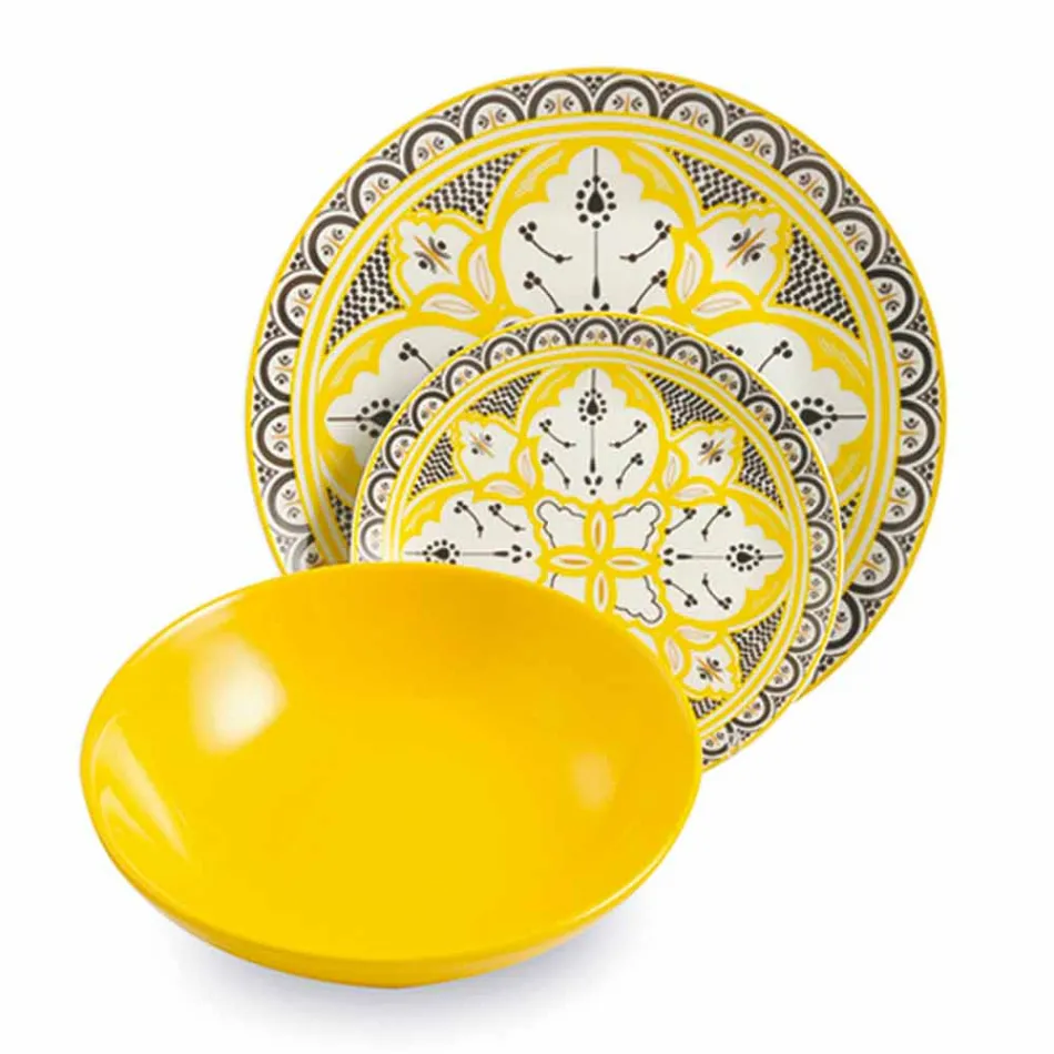 Ethnic Dishes Service in Porcelain and Colored and Modern Stoneware 18 Pieces - Fez Viadurini