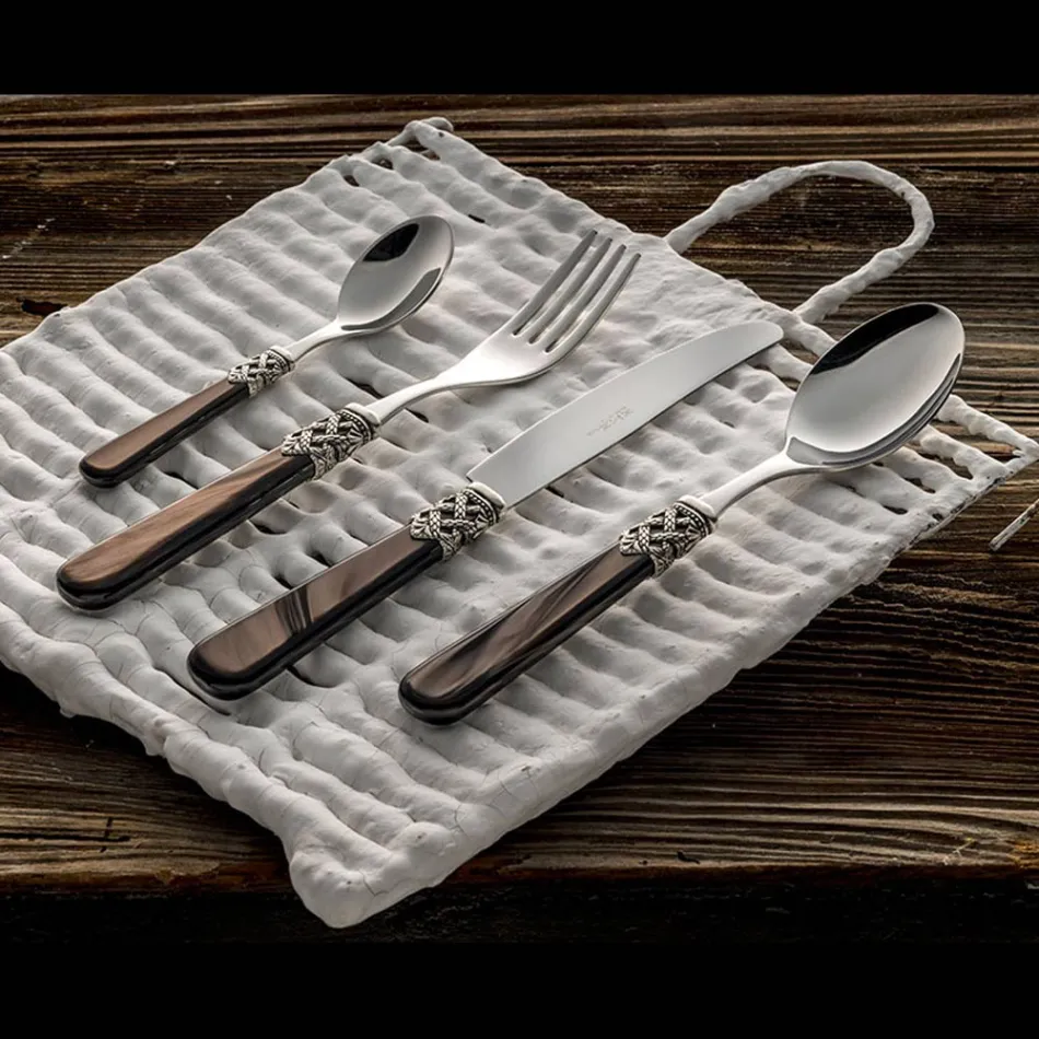 Stainless Steel and Pearly Ivory Plastic Cutlery Set 24 Pieces - Carlotta Viadurini