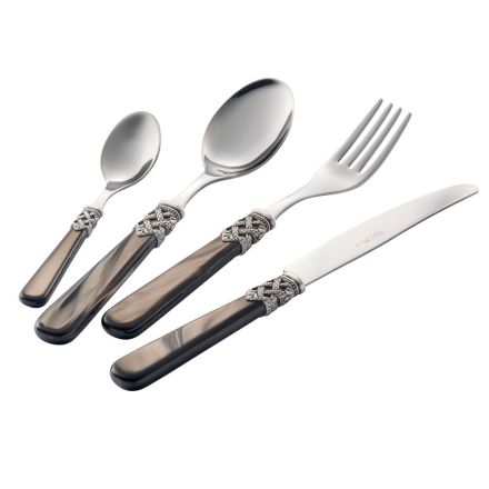 Stainless Steel and Pearly Ivory Plastic Cutlery Set 24 Pieces - Carlotta Viadurini