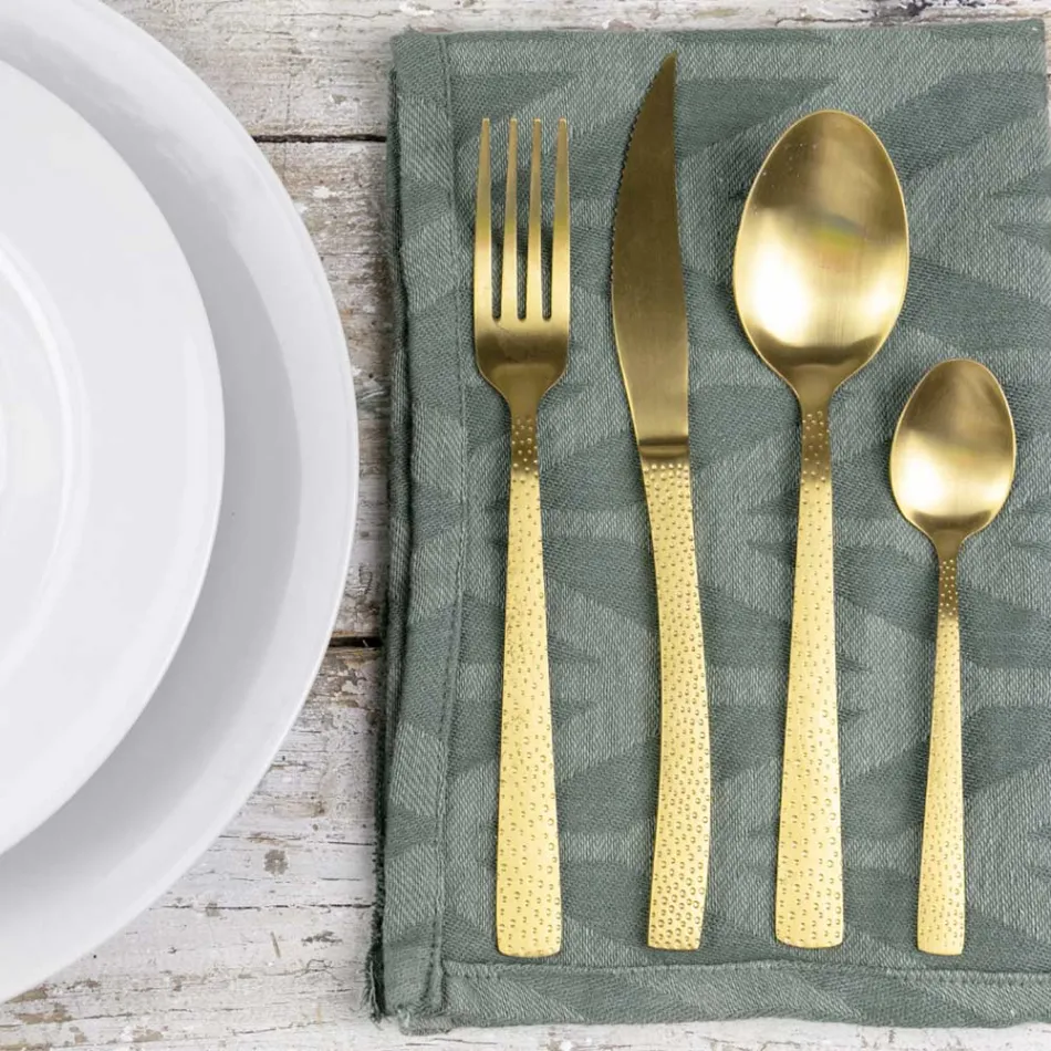 Tortoise Effect Satin Gold Steel Cutlery Set 24 Pieces - Rock Viadurini