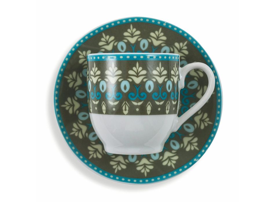 Coffee Cups and Saucer Set Colored Porcelain Decorated 12 Pcs - Persia Viadurini