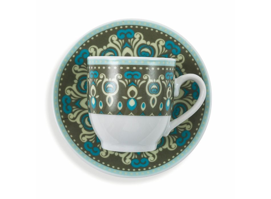 Coffee Cups and Saucer Set Colored Porcelain Decorated 12 Pcs - Persia Viadurini