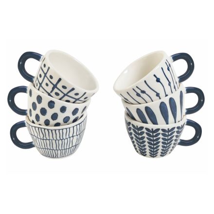 Stoneware Coffee Cups Service with Blue Tribal Decorations 12 Pieces - Tribu Viadurini