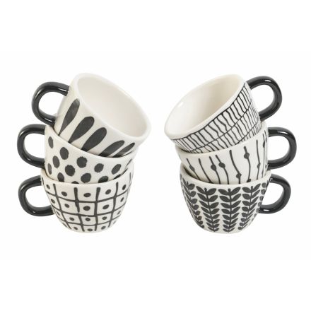 Stoneware Coffee Cups Service with Black Tribal Decorations 12 Pieces - Tribu Viadurini