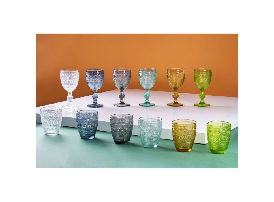 Set of 12 Water Glasses 300 ml in Colored Glass and Relief Work - Mermaid Viadurini