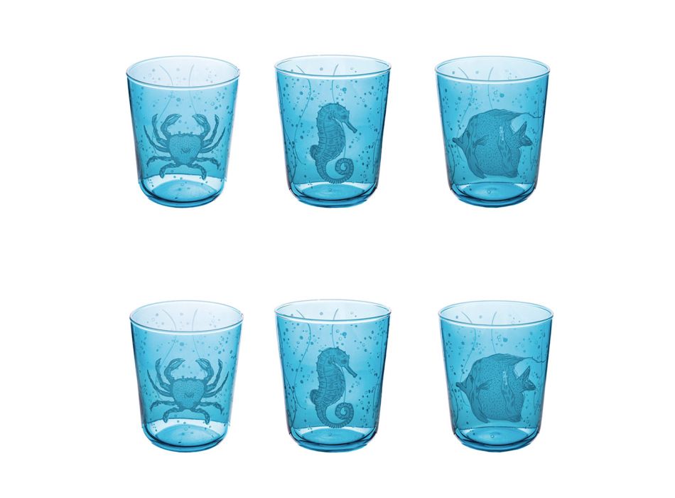 Set of 12 water glasses 315 ml in glass with marine decoration - fish Viadurini