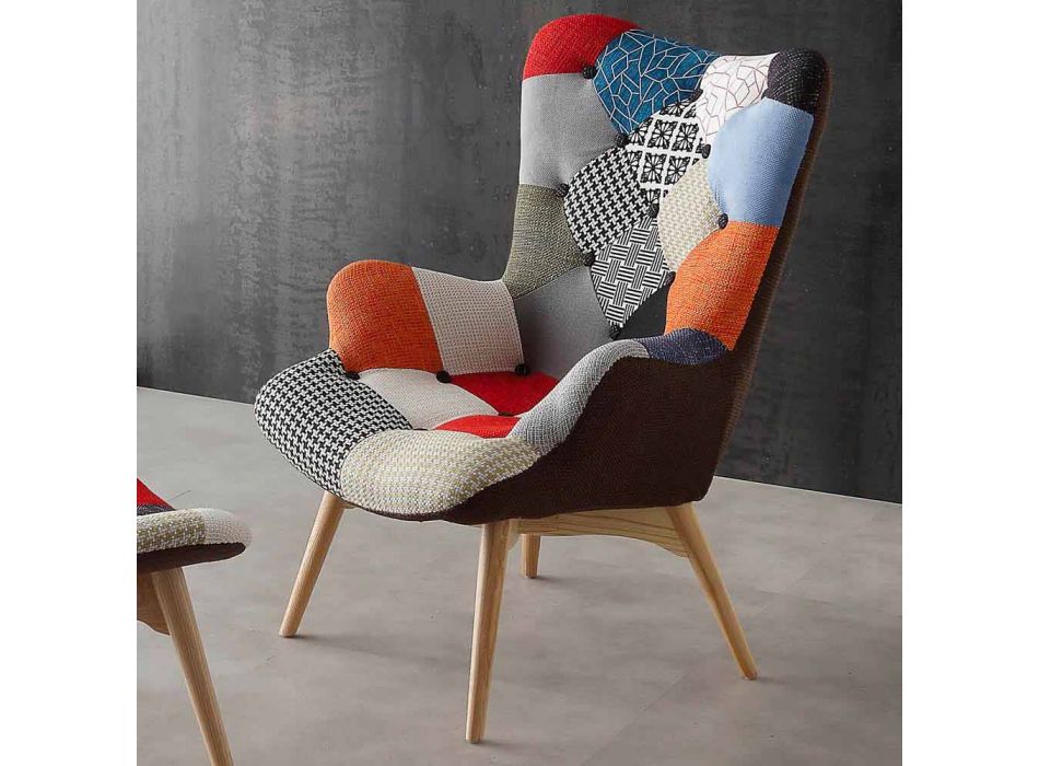 Set of 2 multicolor patchwork armchairs with Veronica solid wood legs Viadurini