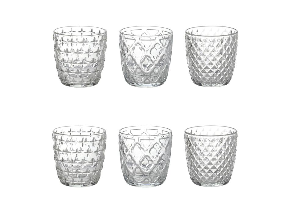 Set of 12 Water Glasses 325 ml with Different Glass Decorations - Tips Viadurini
