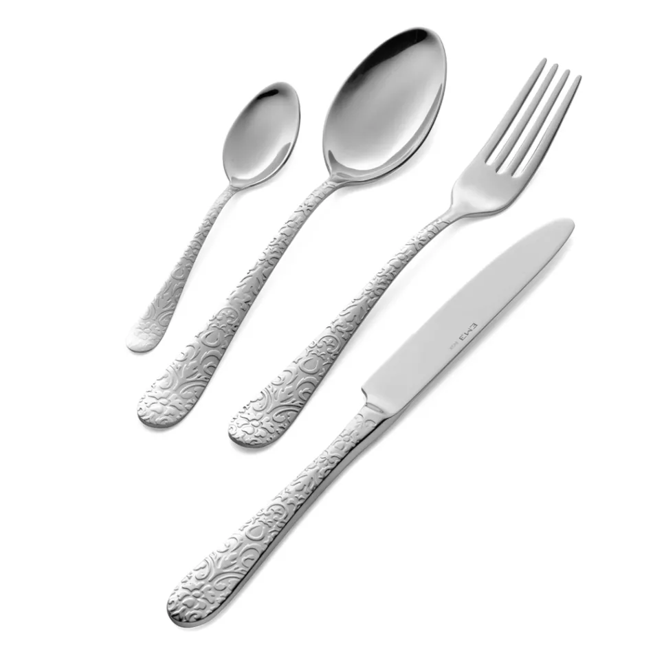 Set of 24 cutlery in polished steel with engraving Made in Italy - Nara Viadurini