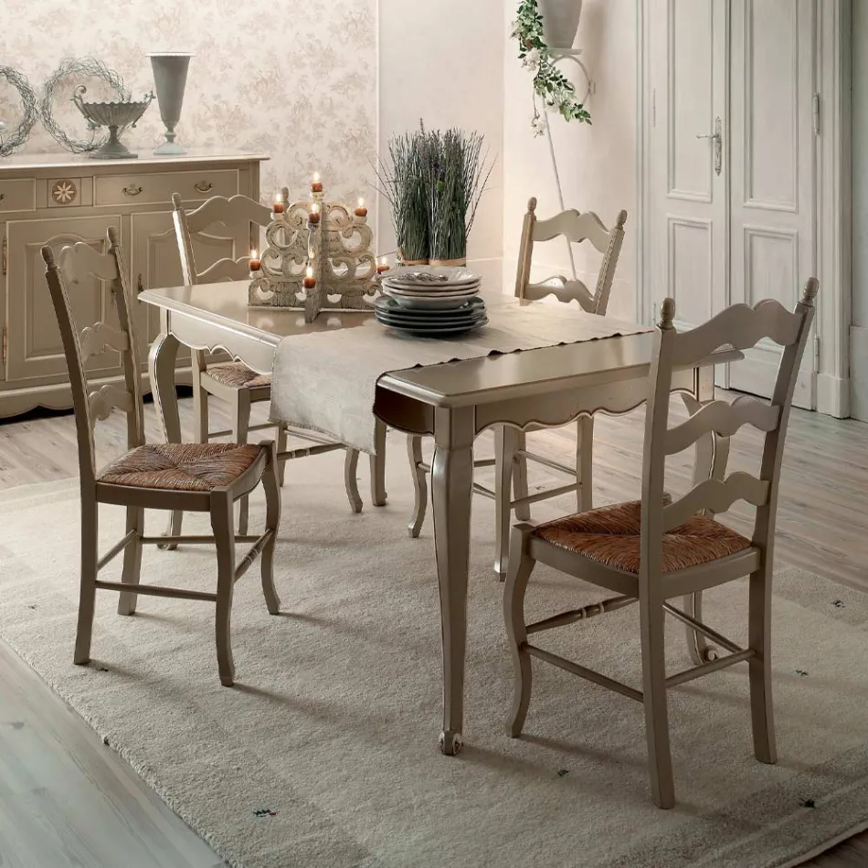 Set of 4 Dove Grey and Straw Wooden Chairs Made in Italy - Celestino Viadurini