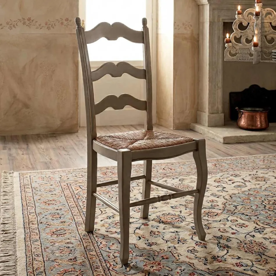 Set of 4 Dove Grey and Straw Wooden Chairs Made in Italy - Celestino Viadurini