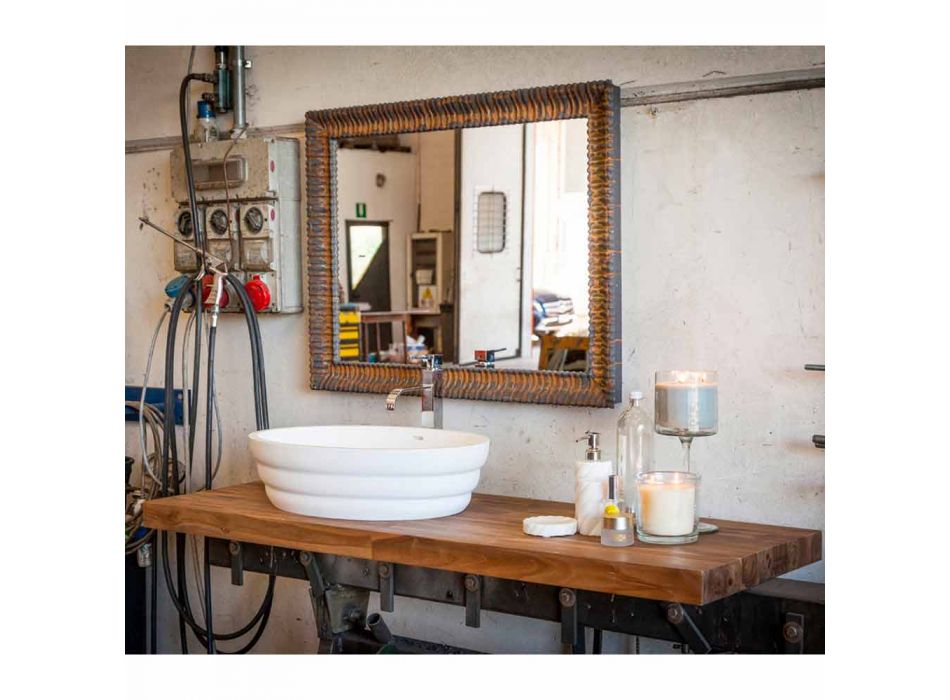 Set of design suspended furniture for bathroom in striped teak Poggio Viadurini