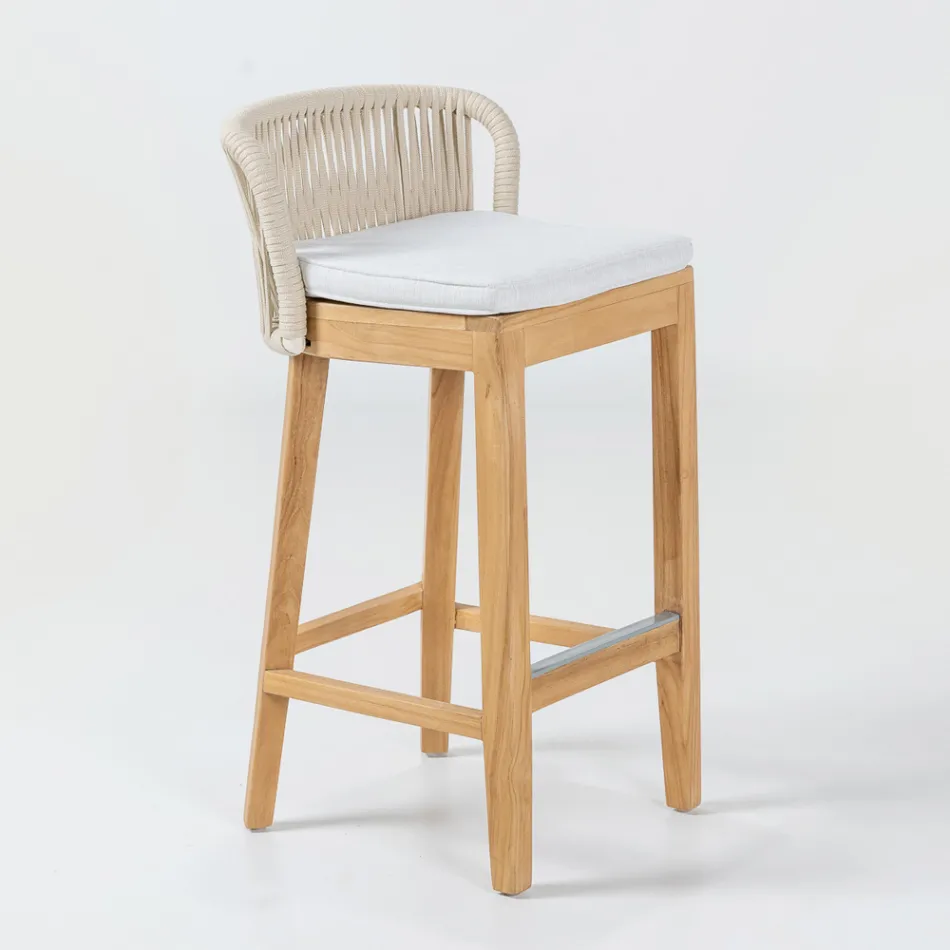 High Bar Stool Made of Natural Teak with Cushion - Side Viadurini