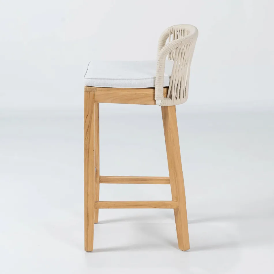 High Bar Stool Made of Natural Teak with Cushion - Side Viadurini