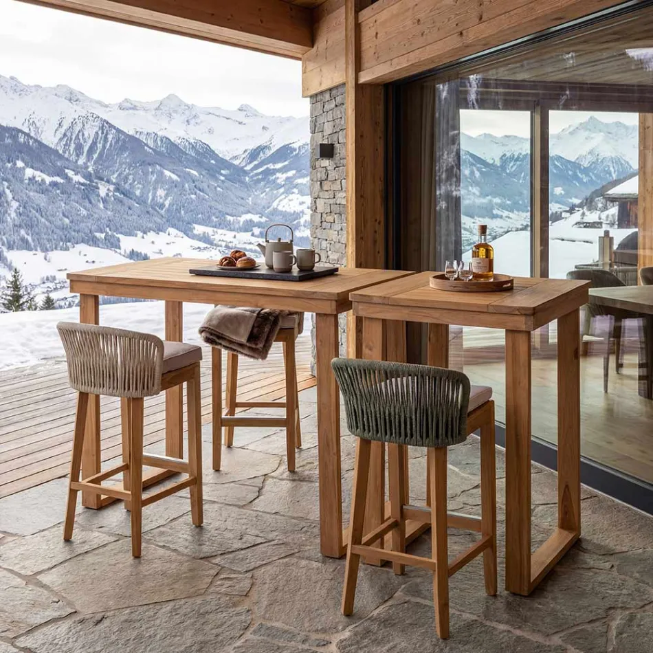High Bar Stool Made of Natural Teak with Cushion - Side Viadurini