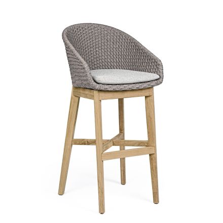 High Outdoor Stool in Rope and Teak Wood, Homemotion, 2 Pieces - Anitha Viadurini