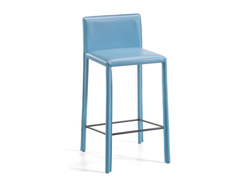 Stool with Low Back in Blue Leather Made in Italy - Delfino Viadurini